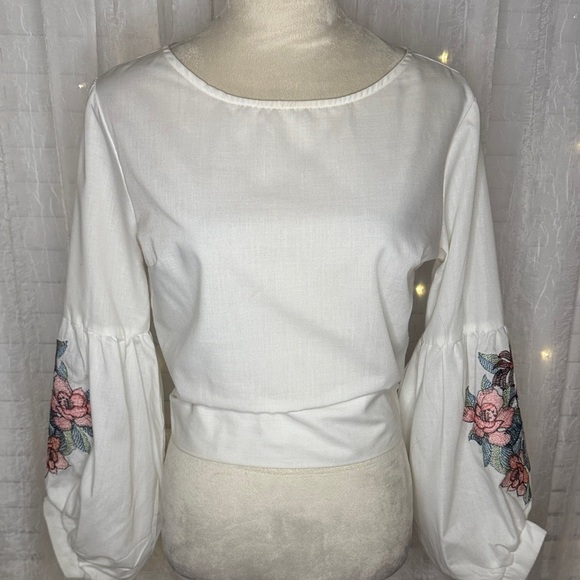 FAVLUX Tops - FAVLUX Ivory Blouse with Floral Embroidered Sleeves